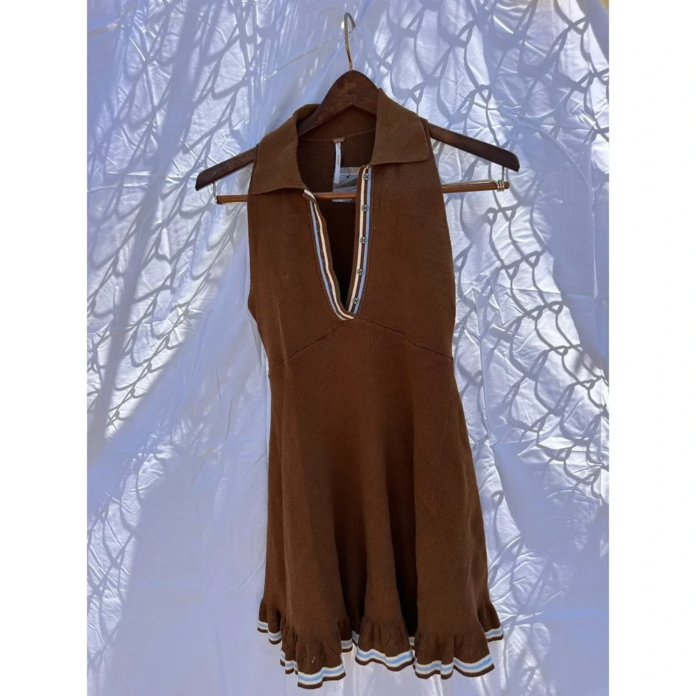 Free People Brown Knit Collared V-Neck Sleeveless Dress Ruffled Hem XS